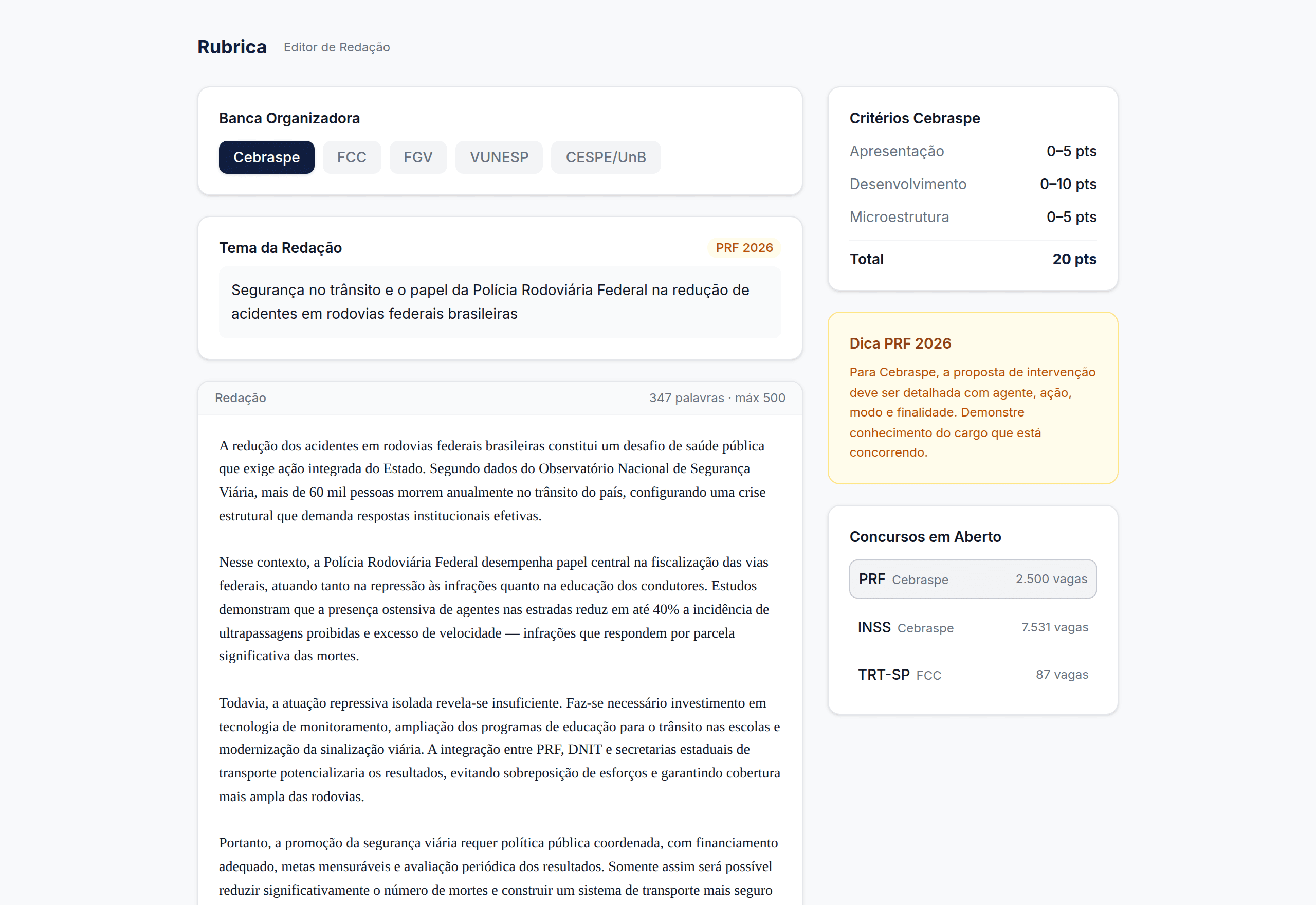 Editor de redação da Rubrica com seleção de banca e campo de texto